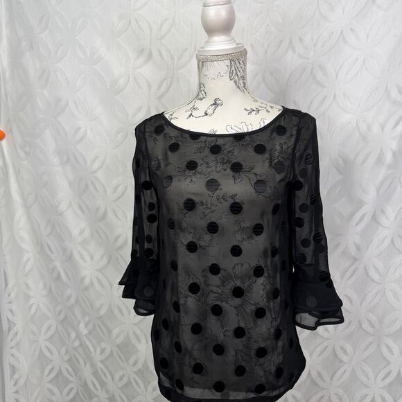 Kate Spade Silk Sheer Polka Dot Evi Flutter Sleeve Black Top Size 00 - Picture 11 of 12